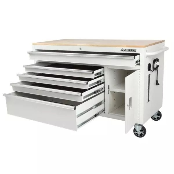 56 IN W 5-DRAWER 1-DOOR, DEEP TOOL CHEST MOBILE WORKBENCH IN GLOSS WHITE MIT HARDWOOD TOP