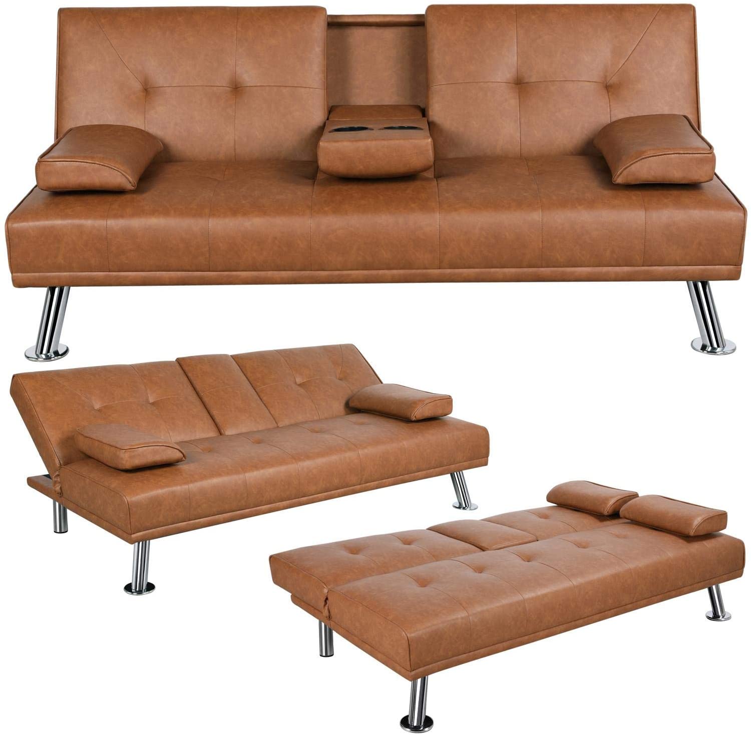 Apartment sofa bed, faux leather sofa with armrests, house liner, suitable for living room and studio brown