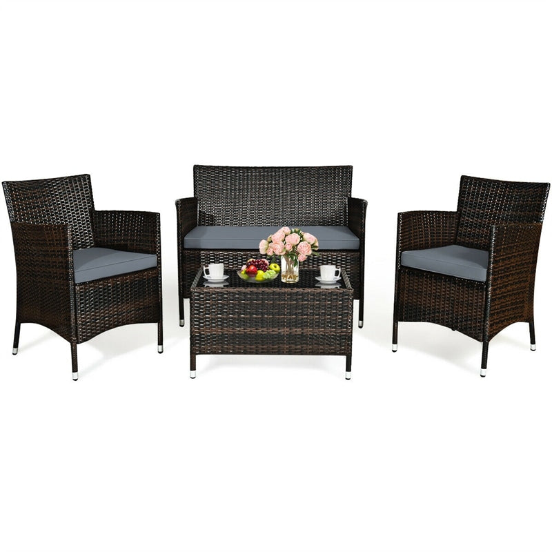 4 Pcs Outdoor Rattan Patio Conversation Set Wicker Furniture Set with Coffee Table and Cushion Sofas