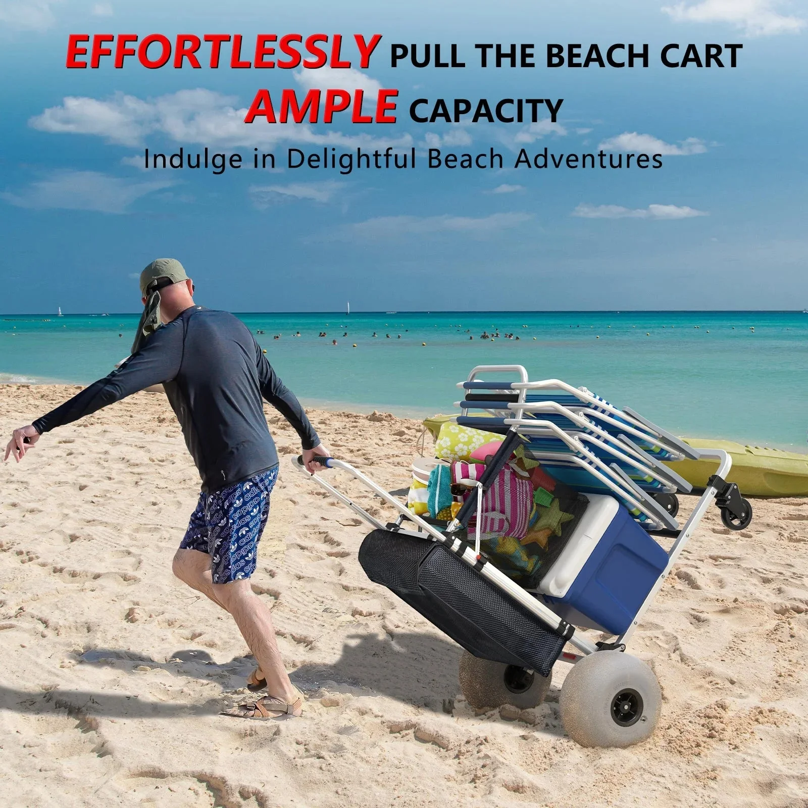 Foldable Beach Cart with Adjustable Handle and 12" Balloon Wheels, Heavy Duty Aluminum 220LBS Capacity