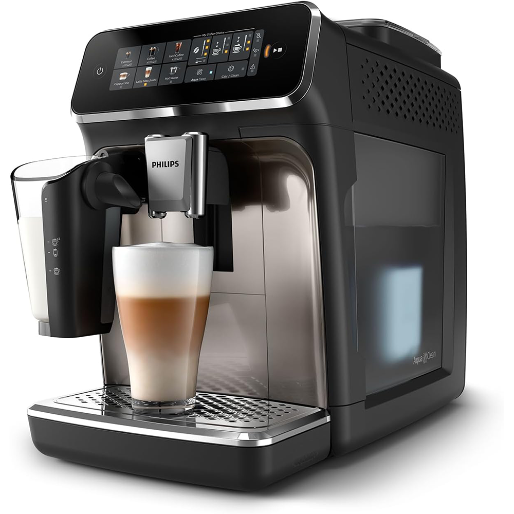 Philips 3300 Series Fully Automatic Espresso Machine - 6 Drinks, Modern Colour Touch Screen Display, LatteGo Milk System, SilentBrew, 100% Ceramic Grinder, AquaClean Filter, Black Chrome (EP3347/90)