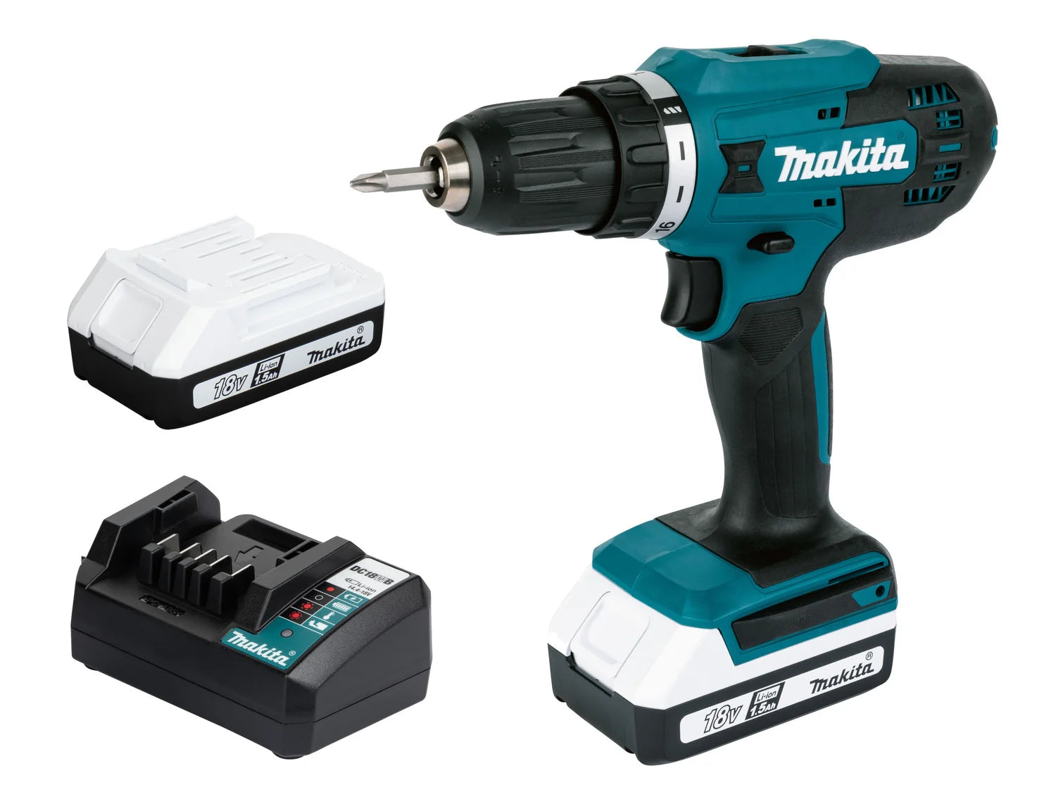 Makita 18V cordless drill/driver set DF488D, with 2 batteries and charger