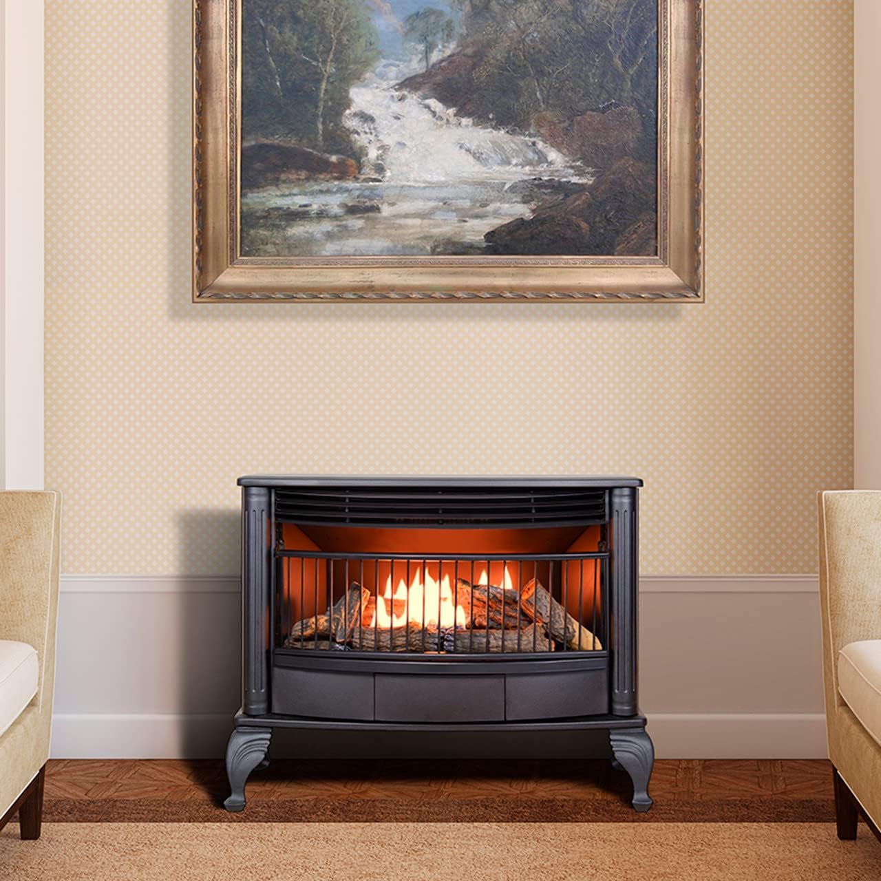 Vent-free 25000 BTU space-saving freestanding dual-fuel fireplace with thermostat control