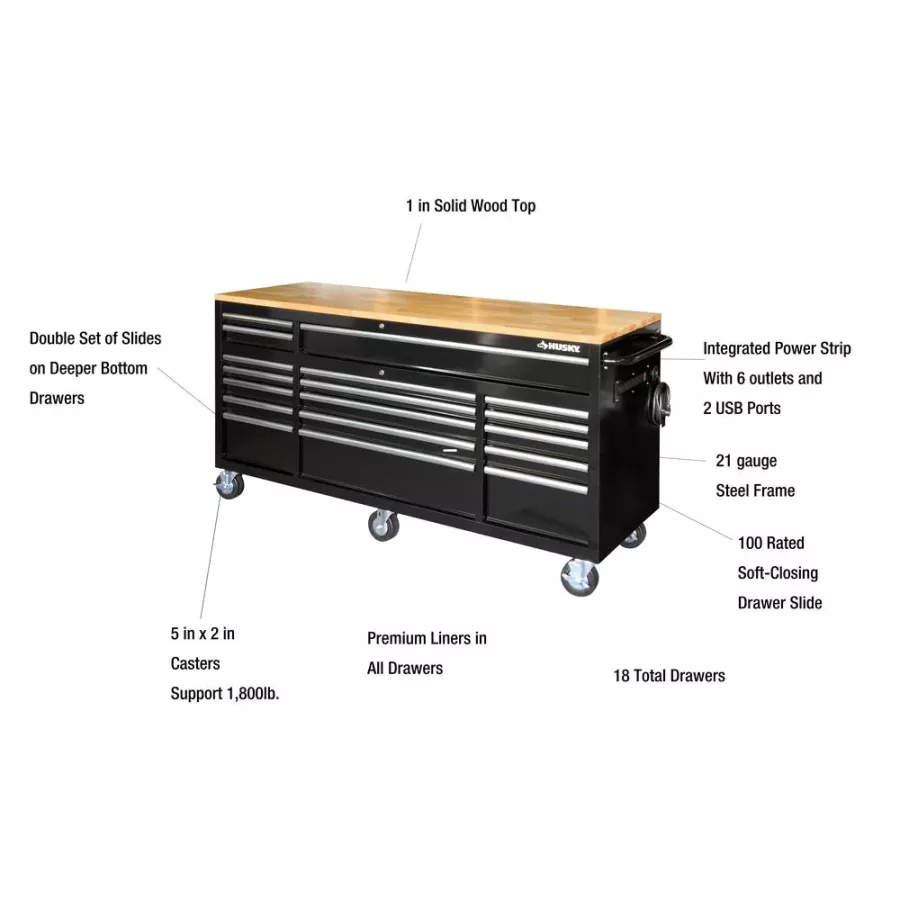 72 IN. 18-DRAWER MOBILE WORKBENCH mit SOLID WOOD TOP, BLACK