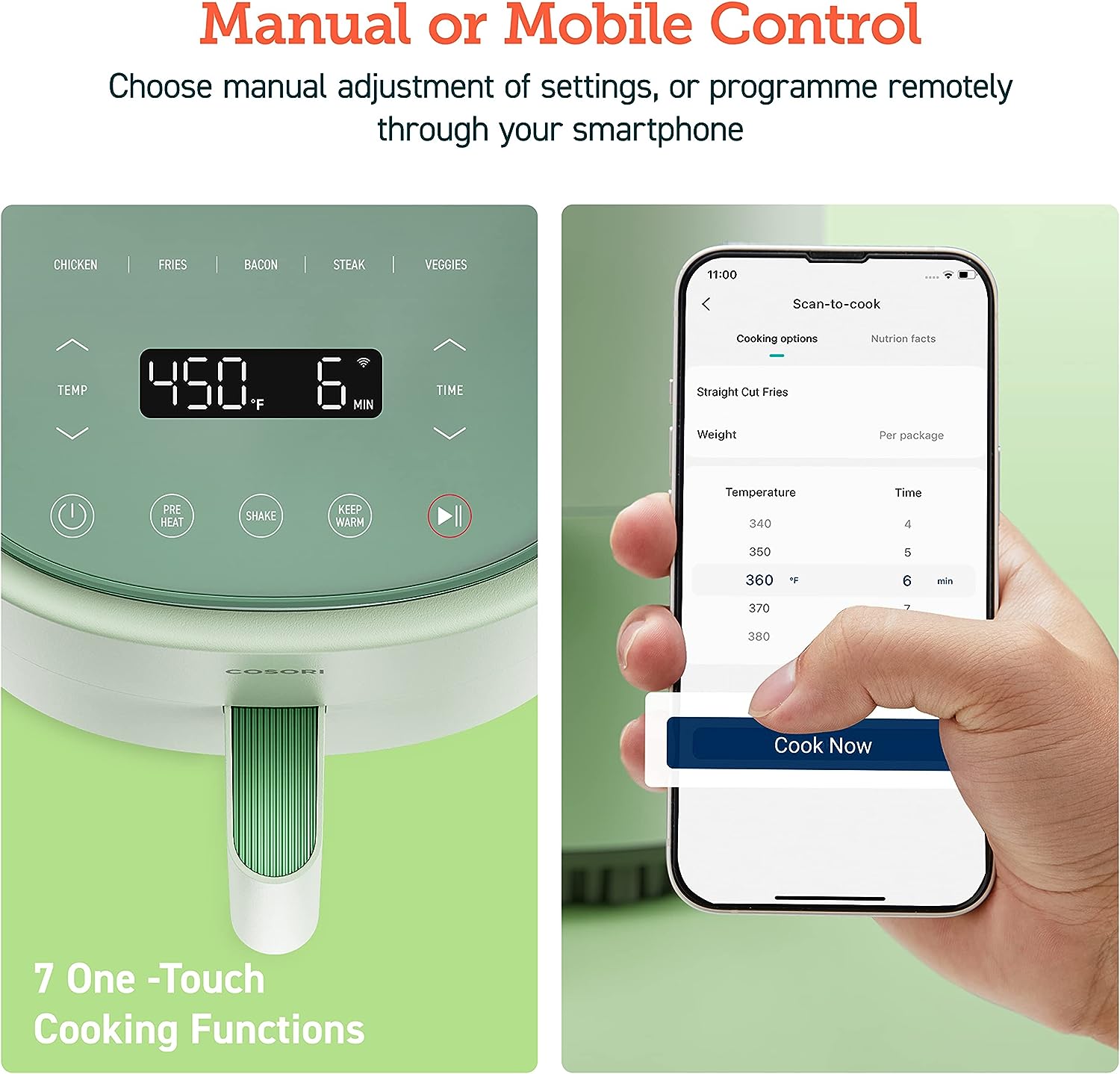 COSORI Air Fryer 4 Qt, 7 Cooking Functions Airfryer, 150+ Recipes on Free App, 97% Less Fat Freidora de Aire, Dishwasher Safe, for 1-3 People, Lite 4.0-Quart Smart Air Fryer, Sage Green