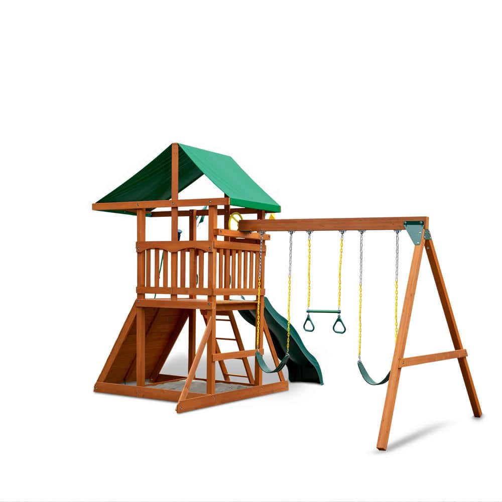 DYI Outing III Wooden Outdoor Playset with Tarp Roof, Rock Wall, Wave Slide, Swings, and Backyard Swing Set Accessories