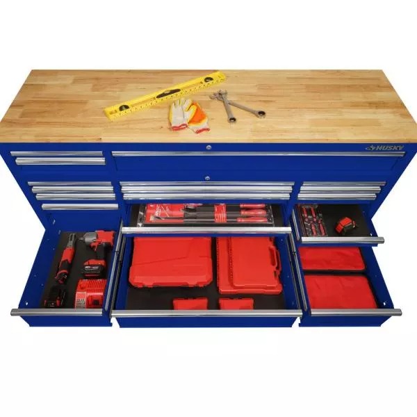 72 IN. 18-DRAWER MOBILE WORKBENCH mit SOLI WOOD TOP in GLOSS BLUE