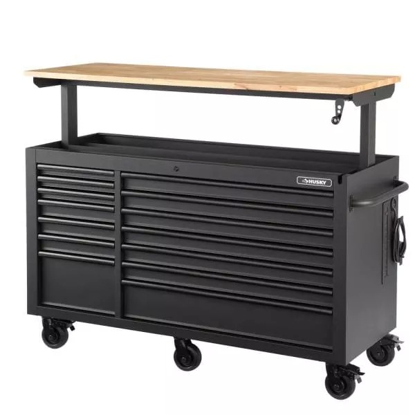 GESTÜTZT 62 IN W 14-DRAWER, DEEP TOOL CHEST MOBILE WORKBENCH IN MATTE BLACK MIT NACHHALTIGE HARDWOOD TOP