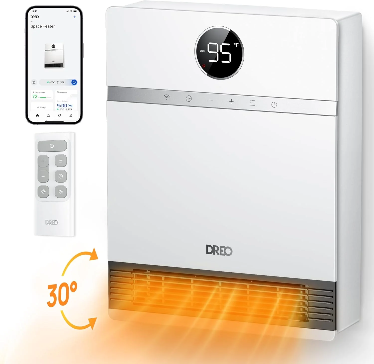 Dreo Smart Wall Heater, IP24 Electric PTC Space Heaters for Indoor Use, 30° Oscillation, Adjustable Thermostat, Remote Control, Works with Alexa, 24H Timer, Easy-mounted for Bedroom, Office, Home
